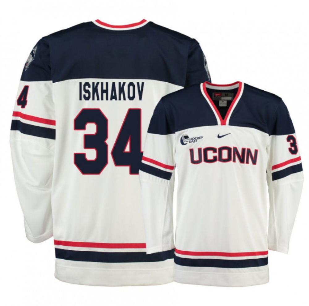 Mens Uconn Huskies 34 Ruslan Iskhakov White College Hockey Jersey