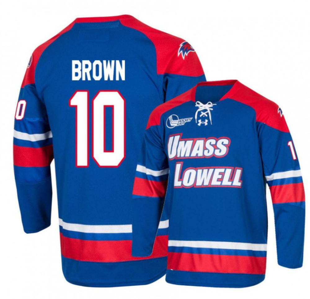 Mens Umass Lowell River Hawks 10 Matthew Brown Blue College Hockey Jersey