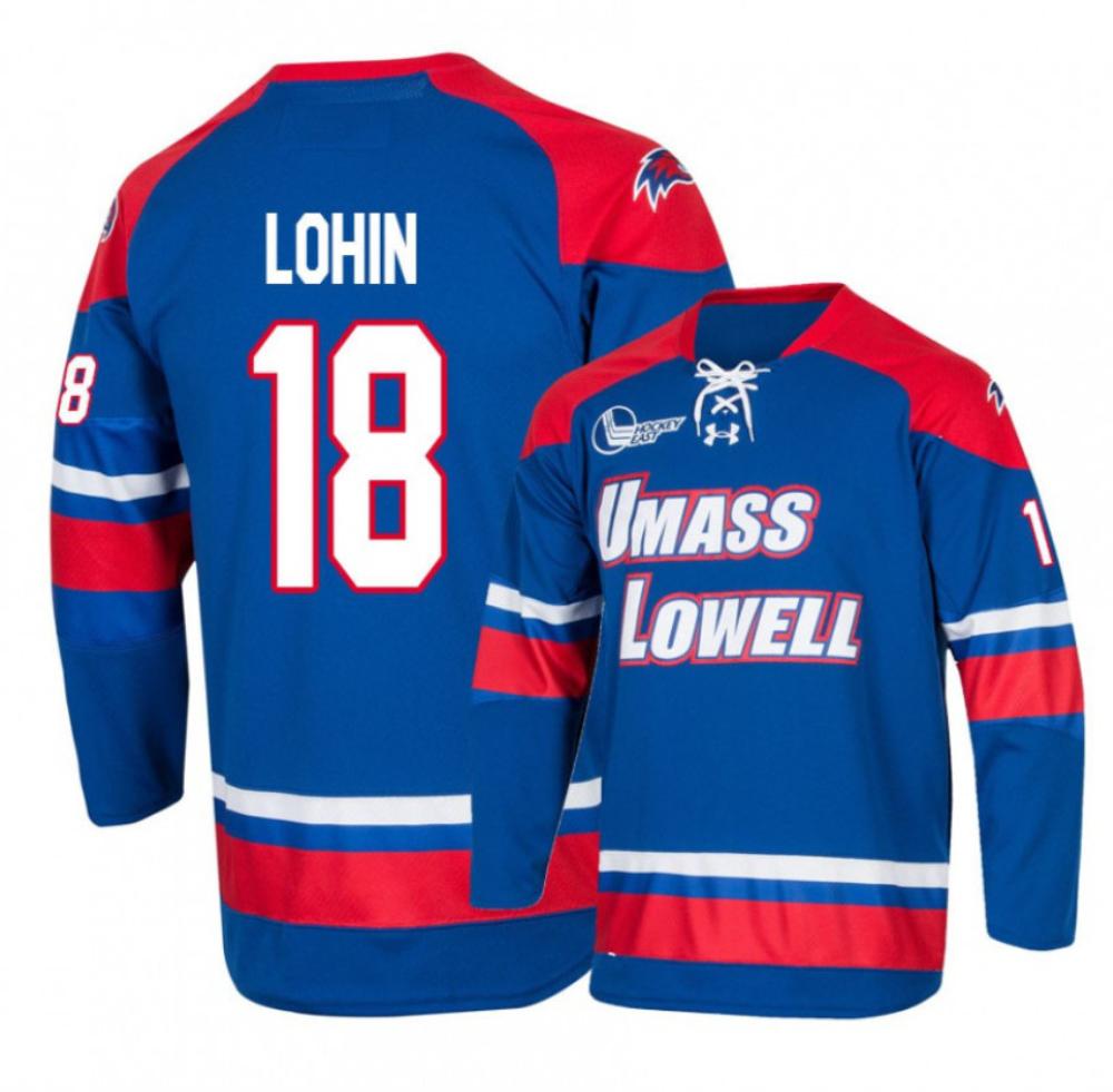 Mens Umass Lowell River Hawks 18 Ryan Lohin Blue College Hockey Jersey