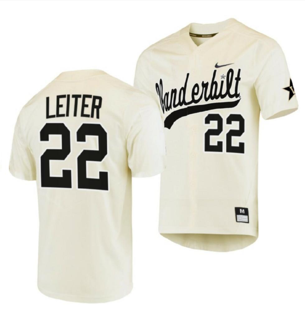 Mens Vanderbilt Commodores 22 Jack Leiter Baseball Jersey Cream