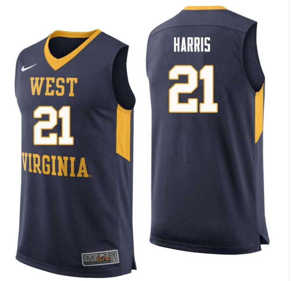 Mens Wesley Harris 21 Navy West Virginia Mountaineers Basketball Jersey