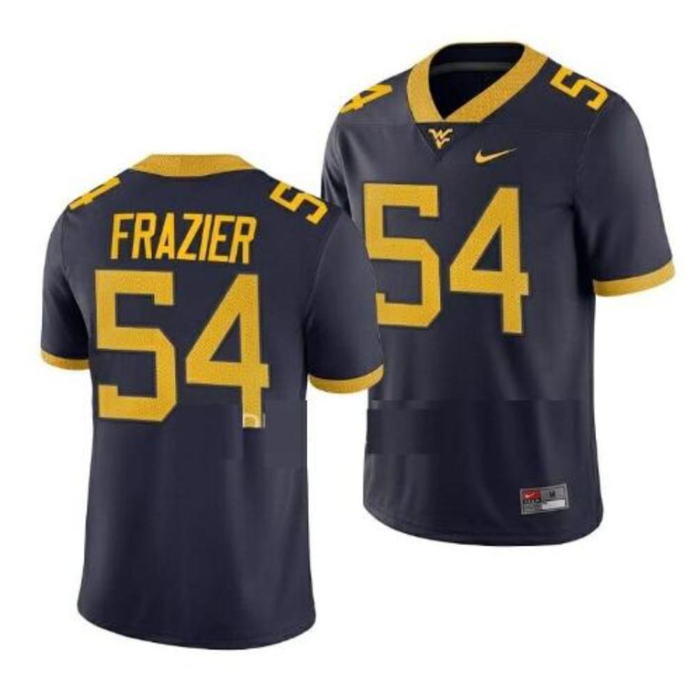 Mens West Virginia Mountaineers Zach Frazier Jersey 54 Football Navy Jersey
