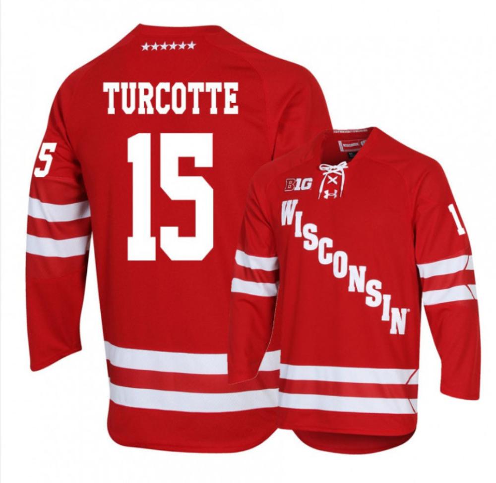 Mens Wisconsin Badgers 15 Alex Turcotte Red Hockey Jersey