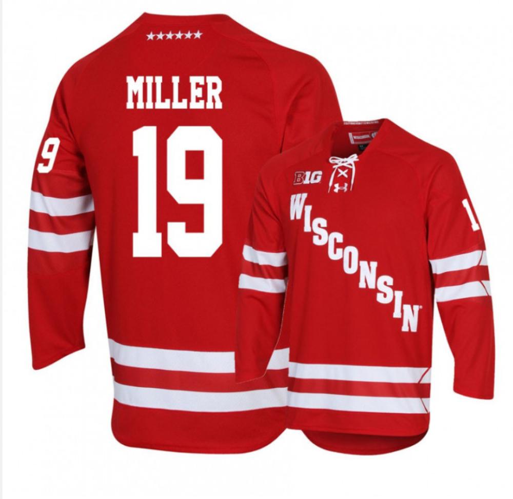 Mens Wisconsin Badgers 19 Kandre Miller Red Hockey Jersey