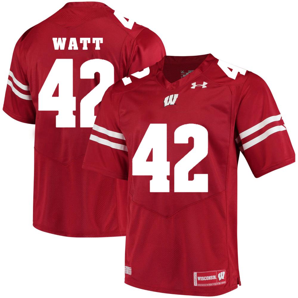 Mens Wisconsin Badgers 42 Tj Watt Jersey College White Red