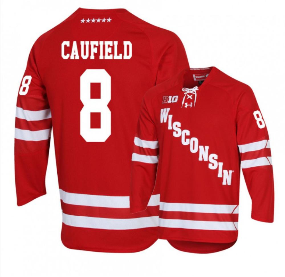 Mens Wisconsin Badgers 8 Cole Caufield Red Hockey Jersey