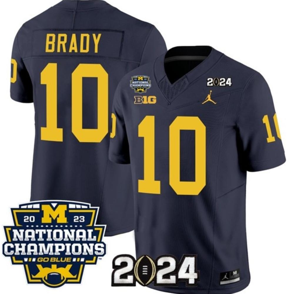 Mens Wolverines 10 Tom Brady Navy 2024 With 2023 National Champions Jerseys