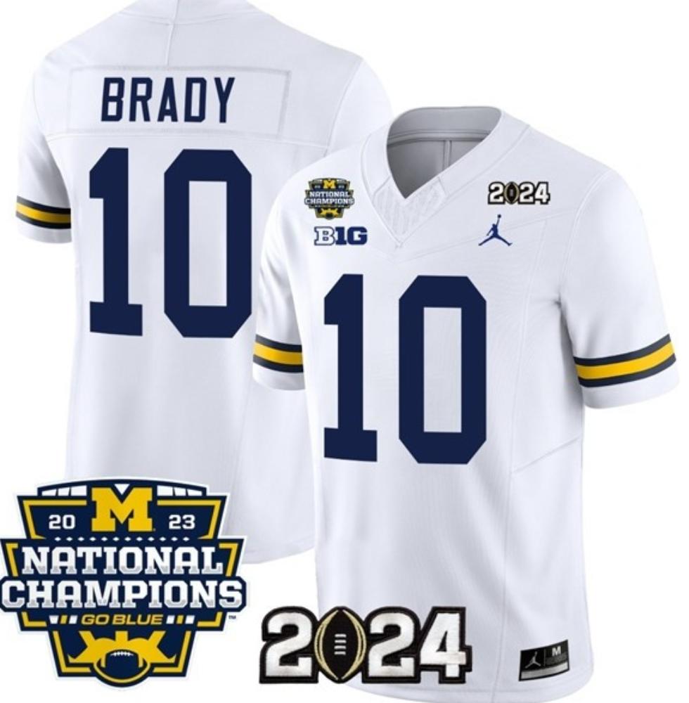 Mens Wolverines 10 Tom Brady White 2024 With 2023 National Champions Jersey