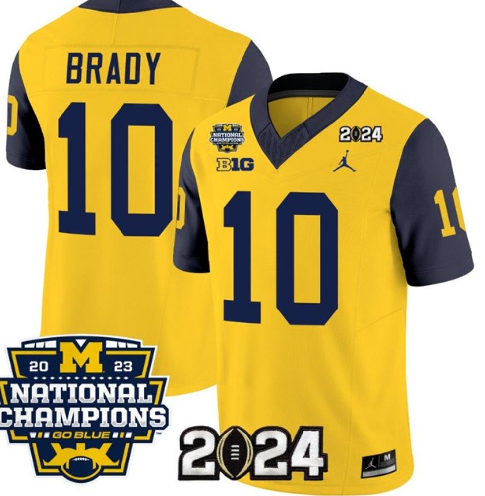 Mens Wolverines 10 Tom Brady Yellow Navy 2024 With 2023 National Champions