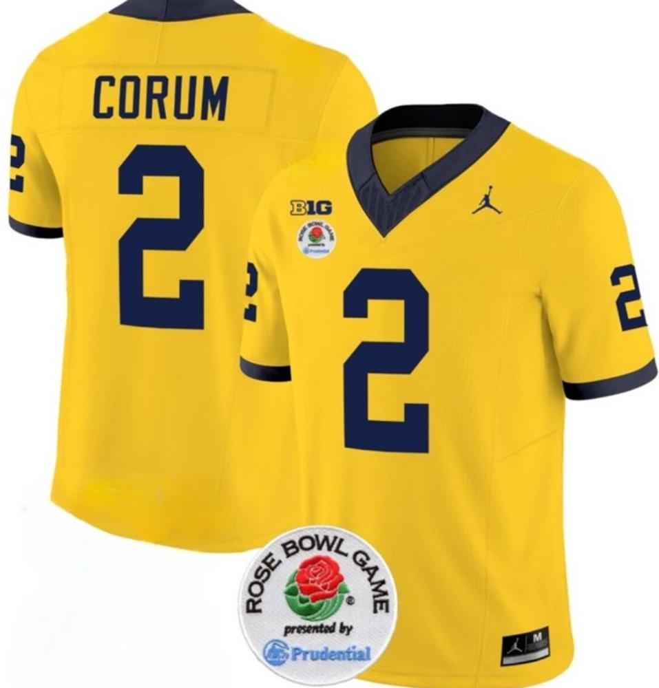 Mens Wolverines 2 Blake Corum 2023 Fuse Yellow Rose Bowl Patch Jersey