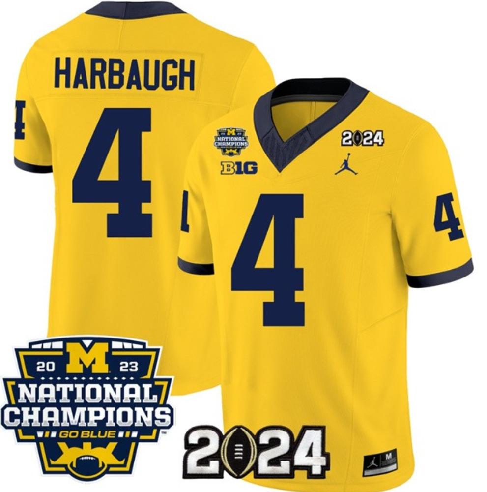 Mens Wolverines 4 Jim Harbaugh Yellow 2024 With 2023 National Champions