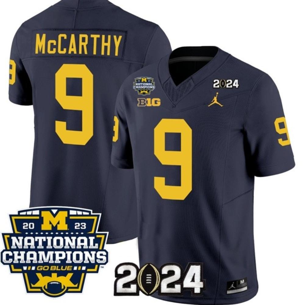 Mens Wolverines 9 Jj Mccarthy Navy 2024 With 2023 National Champions Jerseys