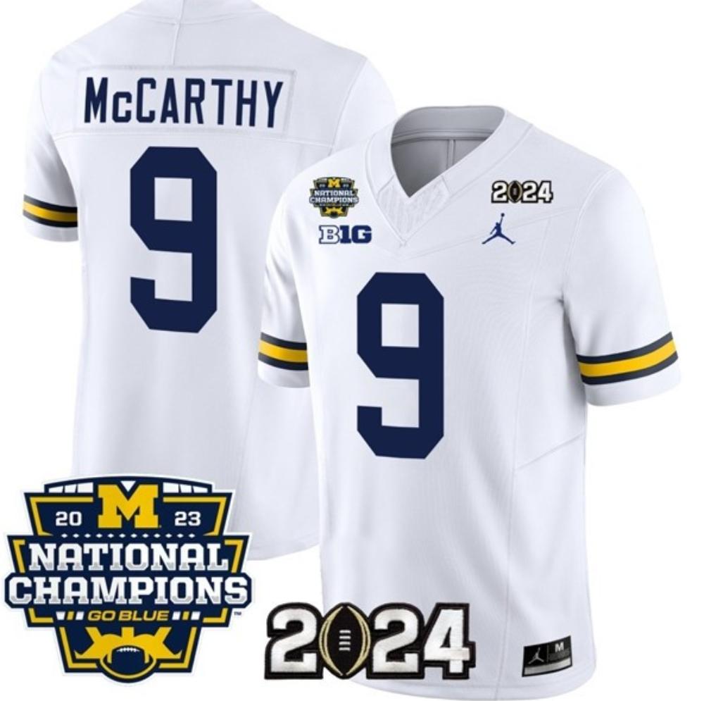 Mens Wolverines 9 Jj Mccarthy White 2024 With 2023 National Champions Jerseys