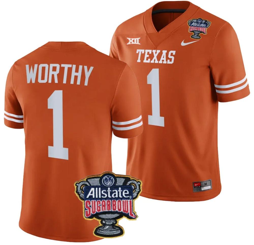 Mens Xavier Worthy Jersey 1 Texas Longhorns Allstate Sugar Bowl Patch 2024 Co