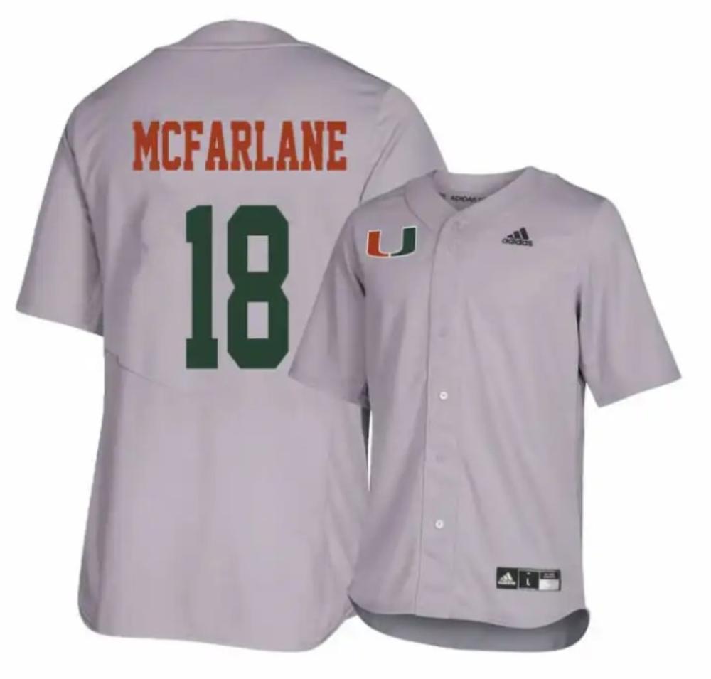 Miami Hurricanes 18 Alex Mcfarlane Gray College Baseball Jersey