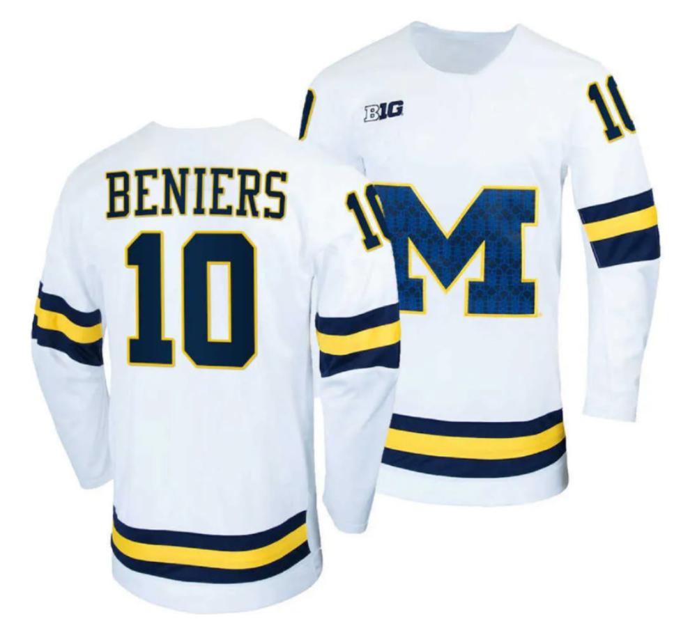 Michigan Wolverines Beniers 10 White Jersey 2024 Ncaa Mens Hockey Champions