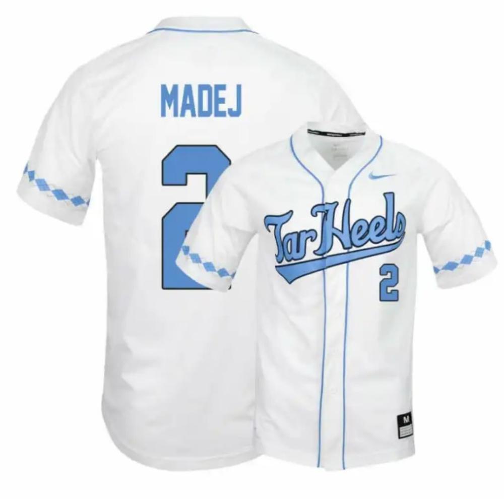 North Carolina Tar Heels 2 Mikey Madej White Elite Baseball Jersey