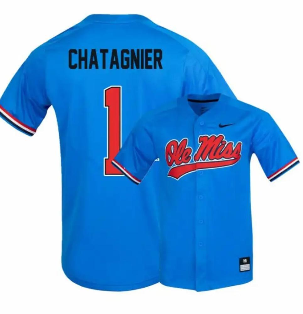 Ole Miss Rebels 1 Peyton Chatagnier Blue College Baseball Jersey