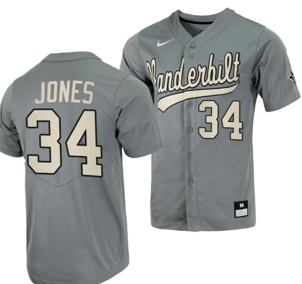 Spencer Jones Jersey Vanderbilt Commodores Baseball Ncaa College Grey Alumni 34