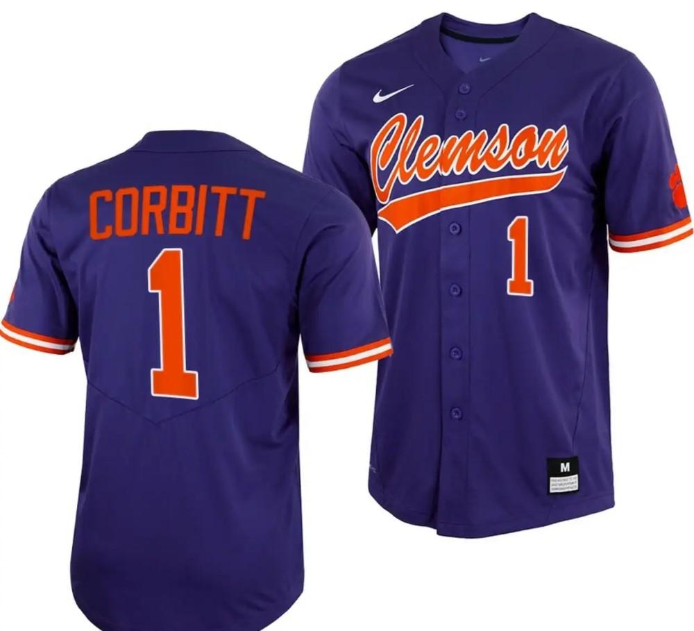 Tyler Corbitt Jersey Clemson Tigers College Baseball Purple Full button 1