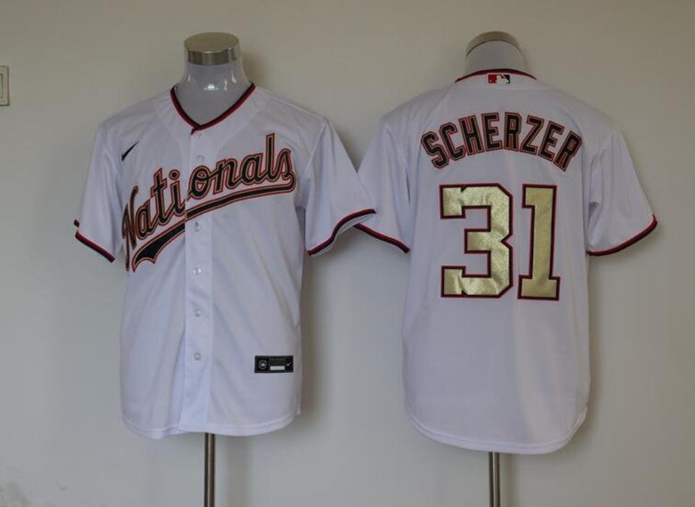 Washington Nationals 31 Max Scherzer Cool Base Jersey White With Gold Number