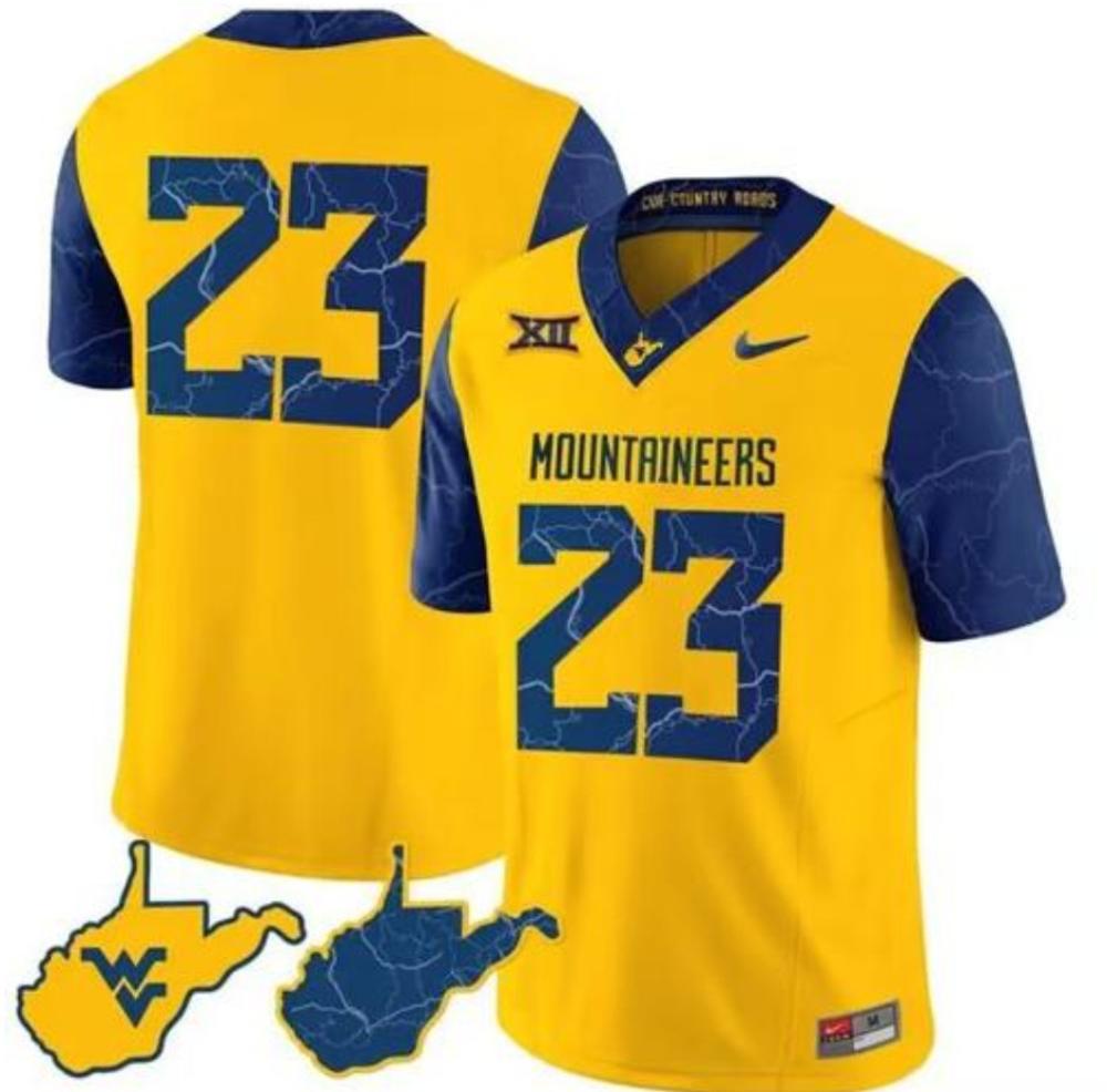 West Virginia Mountaineers 23 Gold 2023 Fuse Stitched Jersey