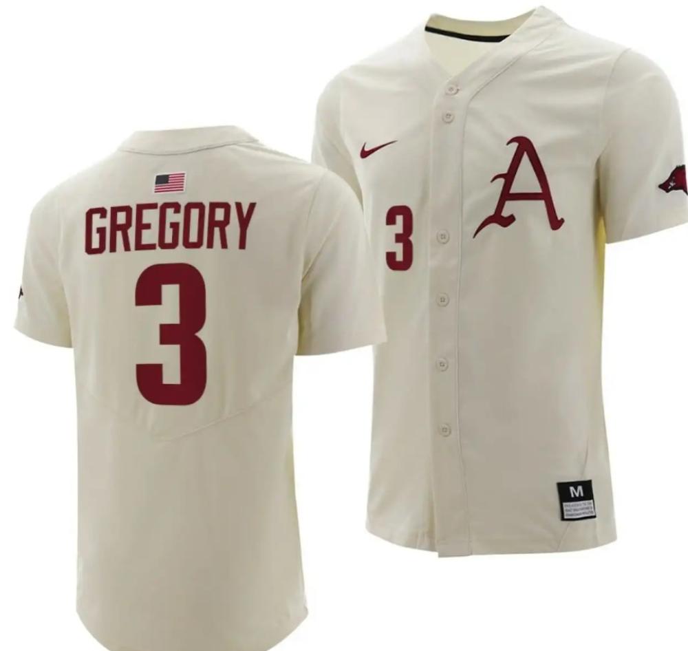 Zack Gregory Jersey Arkansas Razorbacks College Baseball Full button Natural 3